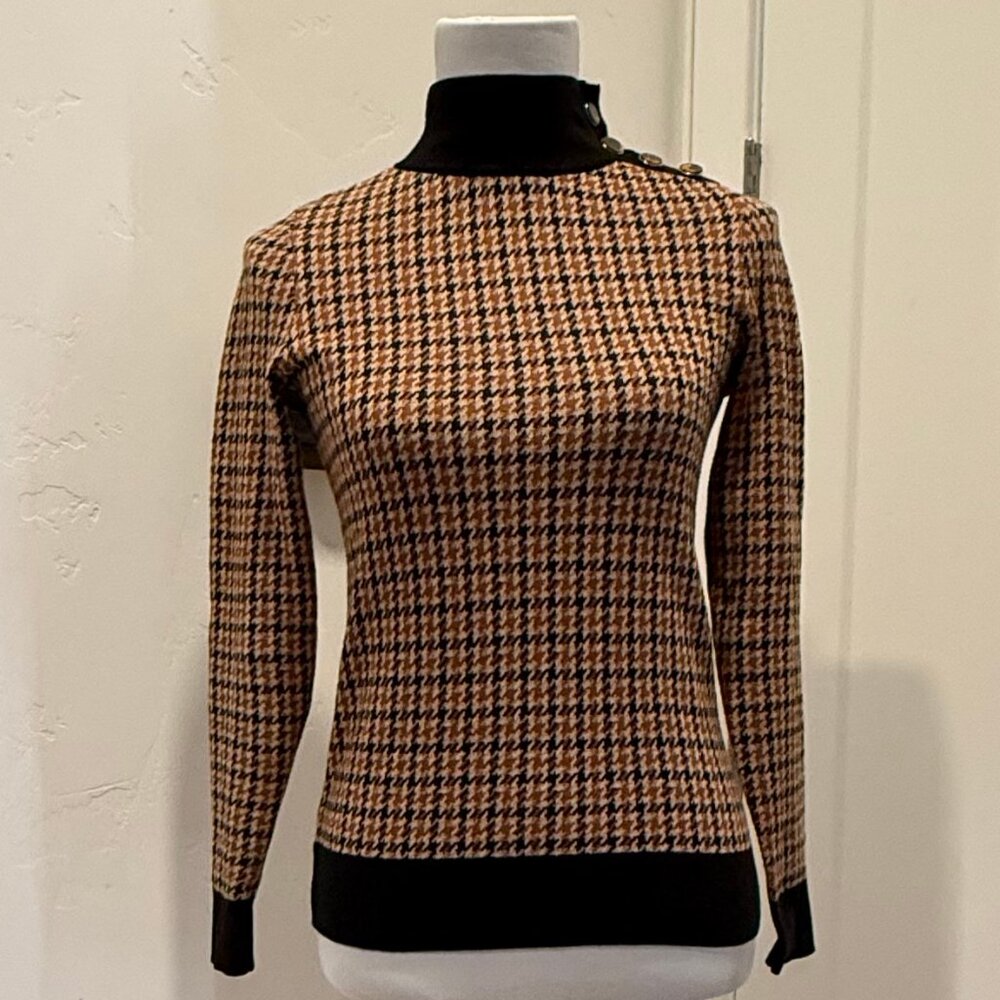 Ann Taylor Petite Brown and Black Houndstooth Print Mock Neck Sweater